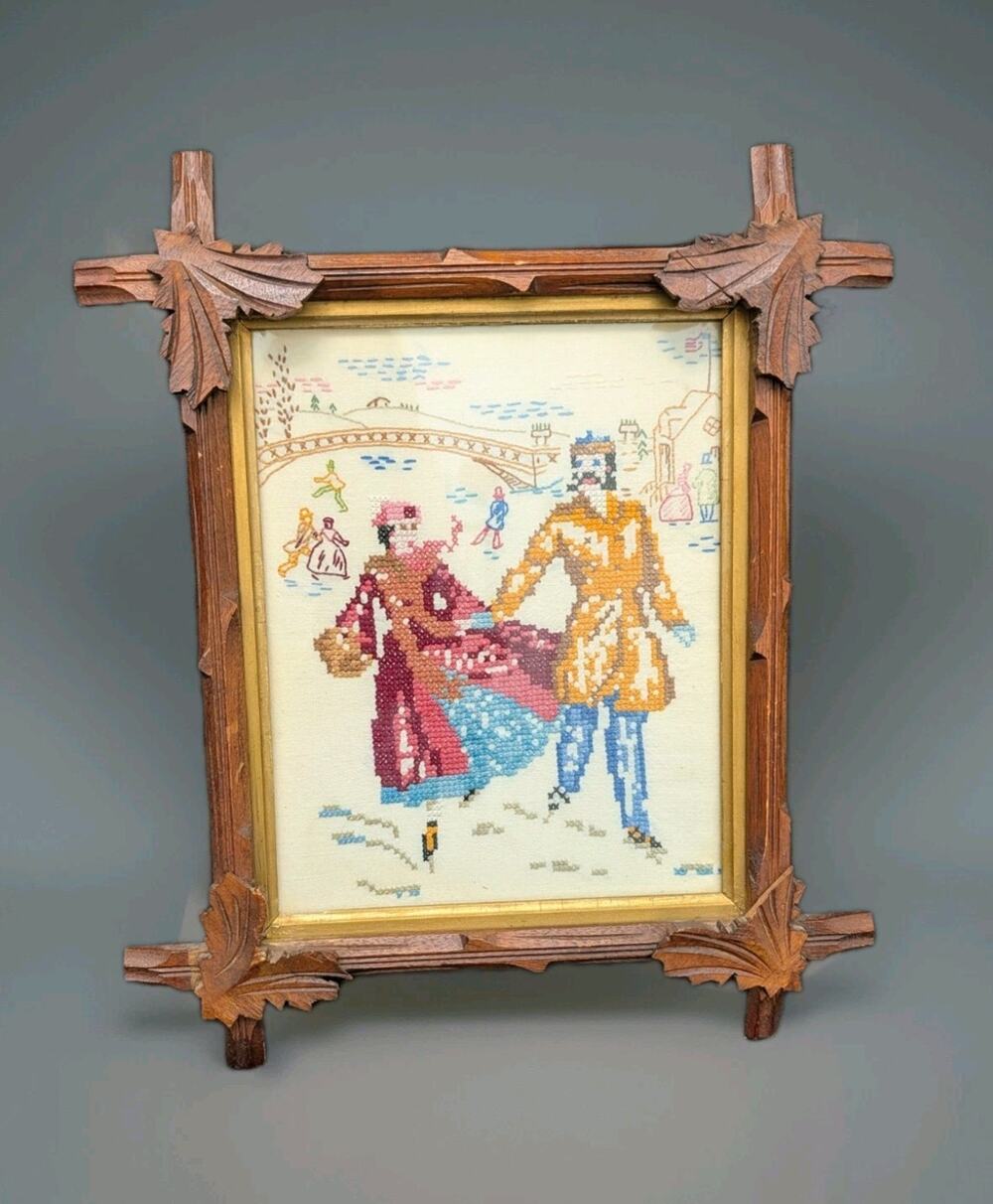 Tramp Art Style Eastlake Adirondack Wood Frame Antique Ice Skating Cross Stitch